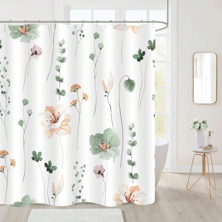 Watercolor Floral Shower Curtain, Sage Green Beige Flower Shower Curtain For Bathroom, Modern Minimalist White Waterproof Fabric Shower Curtain Set With Hooks 36/72x72 Inch