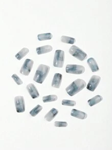 24片迷人蓝色大理石波浪方形美甲贴纸，水波纹设计，可重复使用全覆盖美甲贴，时尚假指甲，适合女性和女孩 - 黑色 - 查看 3