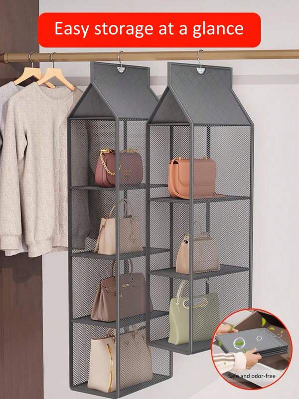 1PC Embossed Upright Large Capacity Compartment Storage Hanging Bag, Home Bag Storage Hanging Bag, Collection Mesh Storage Hanging Bag, Metal Hook, Fine Woven Mesh, Selected Fabric, Transparent Mesh, Foldable Storage, Suitable For Dust-Proof Storage Of Home Bags, Hanging Display Of Bags, Bag Collection