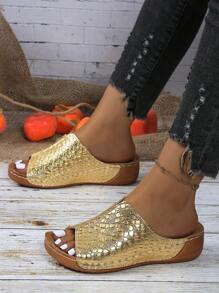 2024年夏季新款女式楔形跟時尚抗滑套鞋，帶中跟和厚墊鞋底，舒適感十足 - 金色 - 查看 5