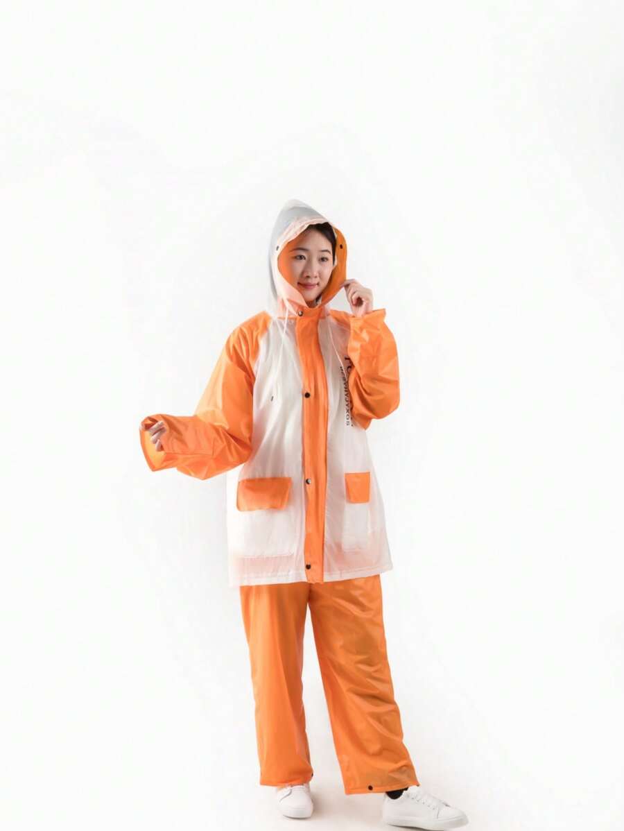 Women's PVC Raincoat Thickened Color-Blocking Rain Suit For Full Body Protection - Orange - View 1