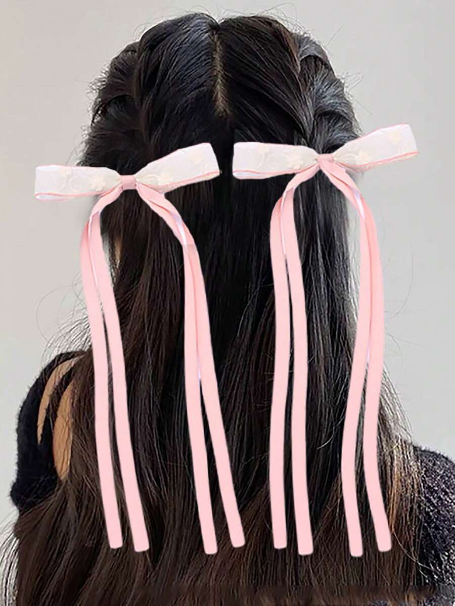 2pcs Lace Long Tail Y2K Hair Bow Clips For Women Girls,Sweet Ribbon Bowknot Tassel Alligator Hair Clips,Women Fashion Hair Accesspries For Daily. - Pink - View 1