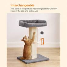 Cat Scratching Post, Cat Scratcher With 15.7 X 11.8 Inches Plush Perch, 27.9-Inch Tall Scratch Post With Woven Sisal, Pompom, Removable Washable Cover
