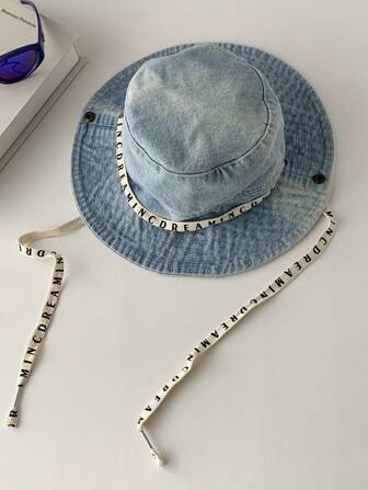 1 件字母丝带渔夫帽，多功能夏季男女通用防紫外线太阳帽，大帽檐宽边钓鱼露营户外帽