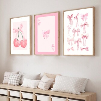 3 件/套无框时尚粉色蝴蝶结墙面艺术、大学海报、宿舍装饰、水彩蝴蝶结印花、古怪房间装饰、女孩墙面艺术、粉色女孩帆布画墙面艺术海报
