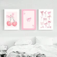 3 piezas/set Arte de pared con lazo rosa de moda sin marco, póster universitario, decoración de dormitorio, impresión de lazo en acuarela, decoración de habitación excéntrica, arte de pared para niñas, pintura en lienzo rosa para niñas - Rosa - Ver 2