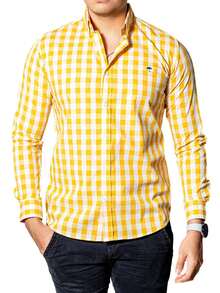 Camisa Hombre Casual Slim Fit Cuadros Amarillos, Blancos 004 - Amarillo - Ver 2
