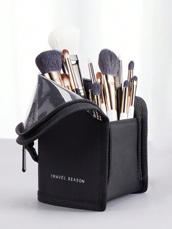 1pc Large Capacity Travel Makeup Bag For Women, Standing Cosmetic Brush & Tool Organizer With Multiple Compartments, Portable Beauty Case For Eyeshadow Brush, Eyebrow Pencil, Black/Pink,For Holiday Beach, Bathroom Collection, Bedroom Collection, Large Capacity