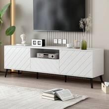 Sweiko Mueble para TV blanco de 1,7 metros de largo con 2 puertas y 1 cajón con divisores ajustables detrás de las puertas y plástico suave en la parte inferior de las patas metálicas para un mueble bajo para TV de 70 pulgadas, mueble para TV con cajones y estantes ajustables, ancho 170 cm - Blanco - Ver 3