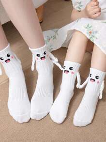 1 Pair Parent-Child Cartoon Cute Smiling Face Embroidery Matching Hand-Holding Funny Black And White Mid-Calf Socks For Kids Aged 1-8