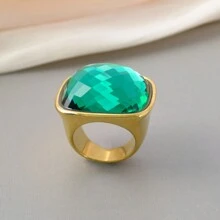 1 Peça Anel Quadrado Grande Decorado com Gemas, Banhado a Ouro 14K em Aço Inoxidável, para Homens e Mulheres, Luxuoso e Elegante