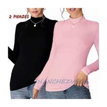 Blusa Térmica Afelpada Manga Larga Cuello Alto 2 Uds,Paquete de 2 camisas de cuello alto para mujer, manga larga, cuello alto ajustado, suaves, elásticas, térmicas, básicas, ropa interior ,playera térmica básica de manga larga para mujer, ligera, cuello falso, ajuste delgado, suave, de capa - Negro + Rosa - Ver 2