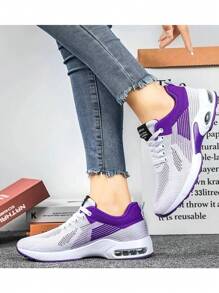 Casual de malla transpirable colchón de aire Zapatillas de deporte para mujer, de moda ligera con cordones de color sólido sandalias planas, adecuado para el diario de viajes, viajar y correr. - Morado - Ver 4