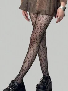 1 Pair Of Women's Leopard Print Jacquard Fishnet Tights (Pantyhose) - Black - View 7