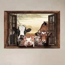 1 pieza Arte de pared de vaca rural - Escenas de amigos junto a la ventana impreso para decoración de granja - Arte de pared temática de animales para sala de estar - Decoración del hogar vintage - Sin enmarcar - Multicolor - Ver 10