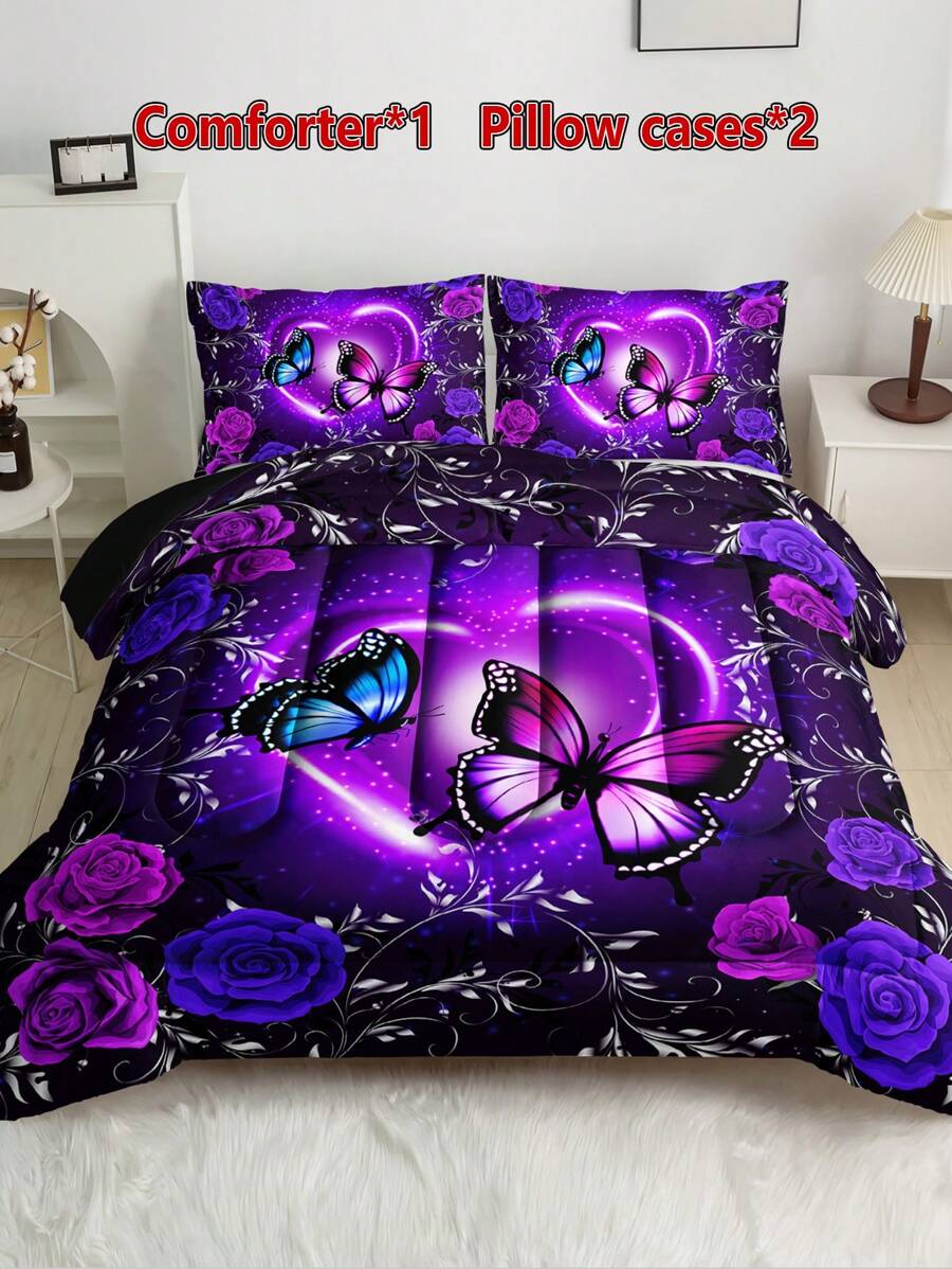 3入組紫色蝴蝶玫瑰印花床上用品套裝（1人被套，2枕套，不含枕芯），全年通用柔軟透氣舒適家庭宿舍裝飾