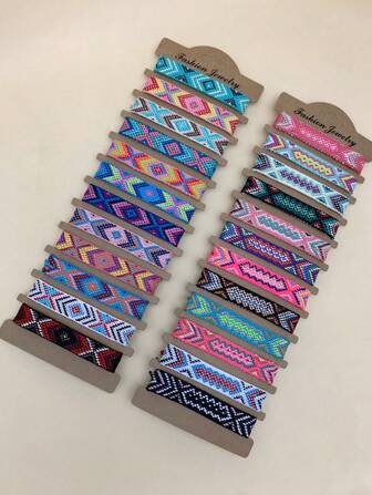 12入組時尚波西米亞流蘇魅力編織手環，隨機顏色，1cm寬度，適合女性在晚宴、約會和日常場合佩戴