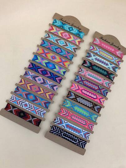 12pcs/Set Fashionable Bohemian Tassel Charm Braided Bracelet In Random Colors, 1cm Width, Suitable For Women To Wear On Dinners, Dates, And Daily Occasions