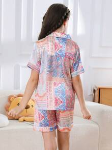 Tween Girl Paisley Patchwork Print Contrast Piping Satin PJ Set - Multicolor - View 4