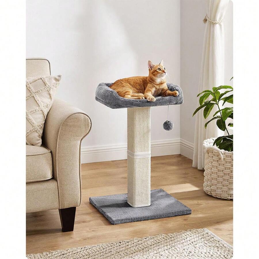 Cat Scratching Post, Cat Scratcher With 15.7 X 11.8 Inches Plush Perch, 27.9-Inch Tall Scratch Post With Woven Sisal, Pompom, Removable Washable Cover