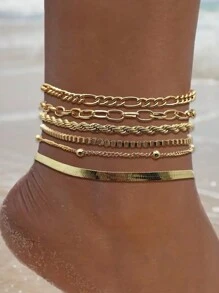 Set de 6 piezas simple estilo minimalista con pulsera de tobillo apilable con cadena delgada, estilo bohemio, set de pulsera de tobillo chapada en oro de 18 k de cobre para mujeres