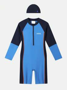 Annil Tween Girl Elastic Sun Protection Conservative One Piece Long Sleeved Swimwear And Swimming Cap 2 Pieces Set Blue - Blue - View 3