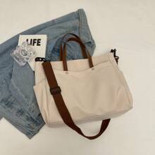 Túi Tote nhiều ngăn có khóa kéo cho nữ, Túi đeo vai đeo chéo thời trang đơn giản, Túi xách nhẹ, có thể gấp lại để đi mua sắm, du lịch, văn phòng, Túi Tote cho học sinh, Nhiều ngăn, Hoàn hảo cho bãi biển, trường học, công việc và sử dụng hàng ngày - Màu be - Xem 3