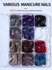 288pcs/Set (12 Mixed Colors) Short Oval Nude Acrylic Nail Stickers, Full Coverage Fake Nails, Short Press-On Nail Stickers, With Storage Box, Suitable For Women And Girls For Daily And Party Use, Spring/Summer Nail Supplies - Multicolor - View 2