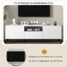 Sweiko Mueble para TV blanco de 1,7 metros de largo con 2 puertas y 1 cajón con divisores ajustables detrás de las puertas y plástico suave en la parte inferior de las patas metálicas para un mueble bajo para TV de 70 pulgadas, mueble para TV con cajones y estantes ajustables, ancho 170 cm - Blanco - Ver 2