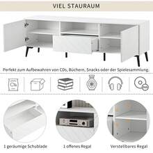 Sweiko Mueble para TV blanco de 1,7 metros de largo con 2 puertas y 1 cajón con divisores ajustables detrás de las puertas y plástico suave en la parte inferior de las patas metálicas para un mueble bajo para TV de 70 pulgadas, mueble para TV con cajones y estantes ajustables, ancho 170 cm - Blanco - Ver 7