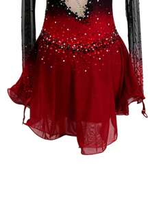 Figure Skating Dress Girls Girls Skating Dress Burgundy Gradient Rhinestone Pattern Long Sleeve Dance Dress Kosten - Burgundy - View 5