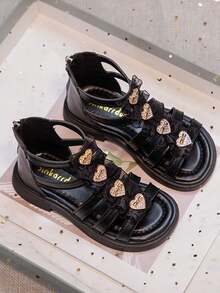 1pair Toddler Girls Black PU Sandals With Mesh Strap And Shiny Heart Decor - View 4