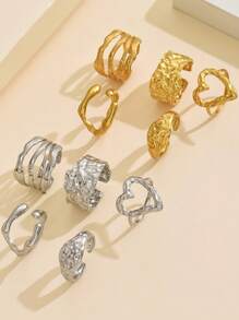 Set de 5 anillos abiertos de dedo con banda ancha texturizada, anillo de corazón elegante de acero inoxidable, accesorios de estilo barroco vintage para mujeres, adecuado para vacaciones