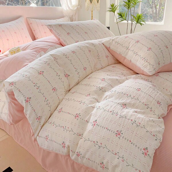 3pcs/Set 100% Polyester Rose Floral Print Bedding Set, 2 Pillowcases + 1 Duvet Cover