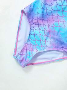 Young Girl Fish Scales Print Ruffle Trim One Piece Swimsuit