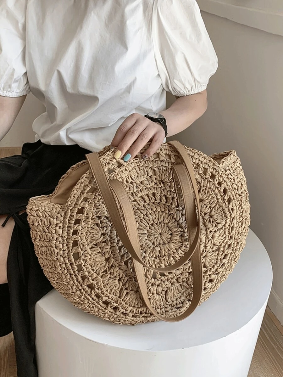 Nowa modna torba plażowa o dużej pojemności i pustym designie, idealna do podróży. Torba plażowa, torba ze słomy to niezbędny element podróży i wakacji