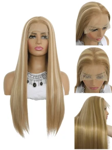 Highlight Blonde Brown Synthetic Lace Front Wig For Women Long Straight Glueless Balayage Platinum Honey Brown 13x4 Lace Front Wigs  150 Density 24 Inches - 拼色 - 查看 3