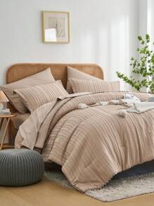 Comforter Set,7 Pieces Bed In A Bag Tufted Comforters Bed In A Bag,Stripe Textured Soft Microfiber All Season Bedding Set - Khaki - View 2