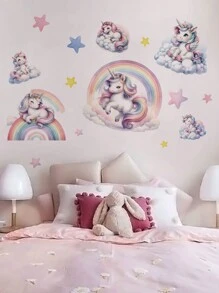 1pc Cartoon Rainbow Unicorn Wall Sticker, Self-Adhesive Decal For Bed Headboard Background Decoration, Stickers, Wall Decal, Vinyl Decal For Home Decorations, Spring Decoration Items Refresh Your Home, Festival Decoration Stickers Gifts Birthday Graduation - Multicolor - View 6