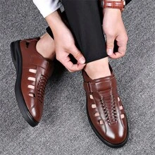 2024 年夏季男士大码镂空休闲皮革凉鞋、男士透气一脚蹬乐福鞋、复古厚底运动鞋 - 棕色 - 查看 4