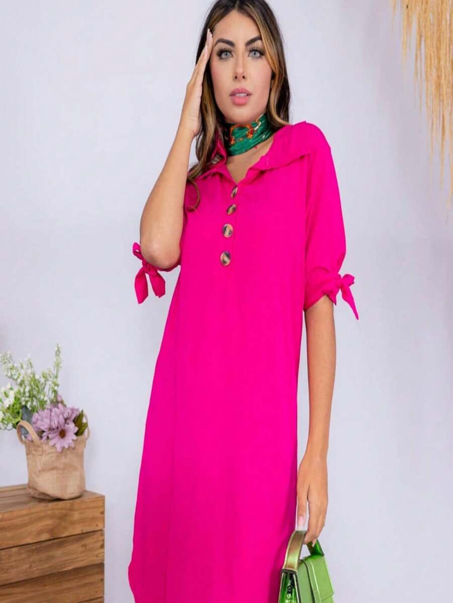 Women's Viscose Chamise Dress, Luxury Women's Shirt, Summer Collection - Màu Hồng Tươi - Xem 1