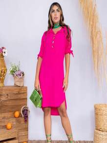 Women's Viscose Chamise Dress, Luxury Women's Shirt, Summer Collection - Màu Hồng Tươi - Xem 4