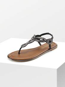 Women's Fashion Sandals, Dressy Summer Bohemian T-Strap Comfortable Summer Flats Sandals For Vacation - 黑色-萊茵石 - 查看 9