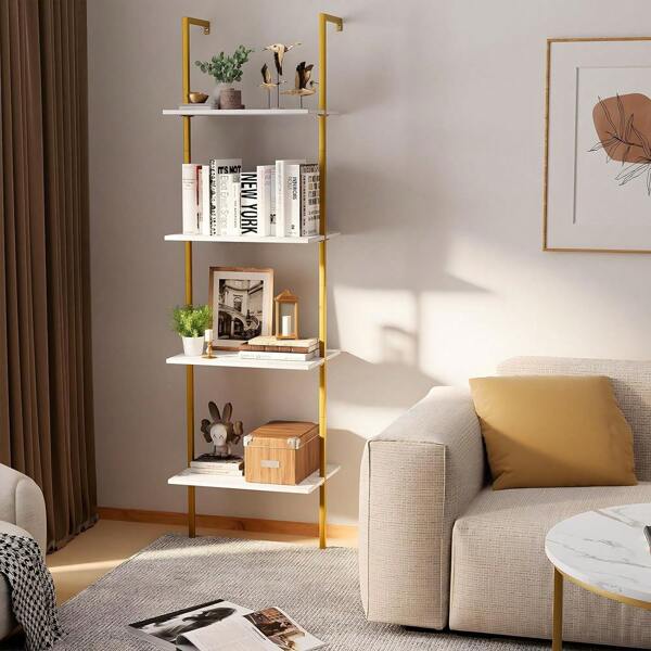 Ladder Shelf 4 Tiers Metal Industrial Bookshelf,Brown Wood Tall Open Storage Rack And Display Shelves,Wall Mount Wide Book Case For Home Office Bedroom,Small