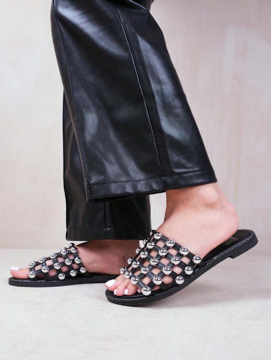 Where’s That From KELLY STUDDED SLIDER WITH CAGED STUDDED DETAILING IN FAUX LEATHER - Black PU - View 1