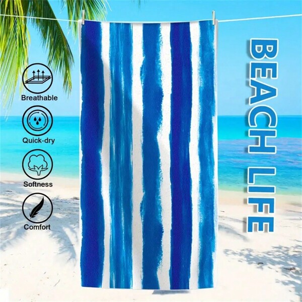 1pc Sea Blue Pattern Beach Towel, Outdoor Travel INS Style Ultra-Fine Fiber Extra-Large Beach Towel, Bath Towel, Ladies Holiday Wind Shawl, Printed Digital Quick-Dry Beach Towel, Double-Sided Coral Fleece Quick-Dry Beach Towel, Ultra-Fine Fiber Sports Towel, Water-Absorbent Portable Beach Towel, Fitness Towel, Waterproof & Sandproof Beach Shower Towel, For Men, Women, Couples, Swimming