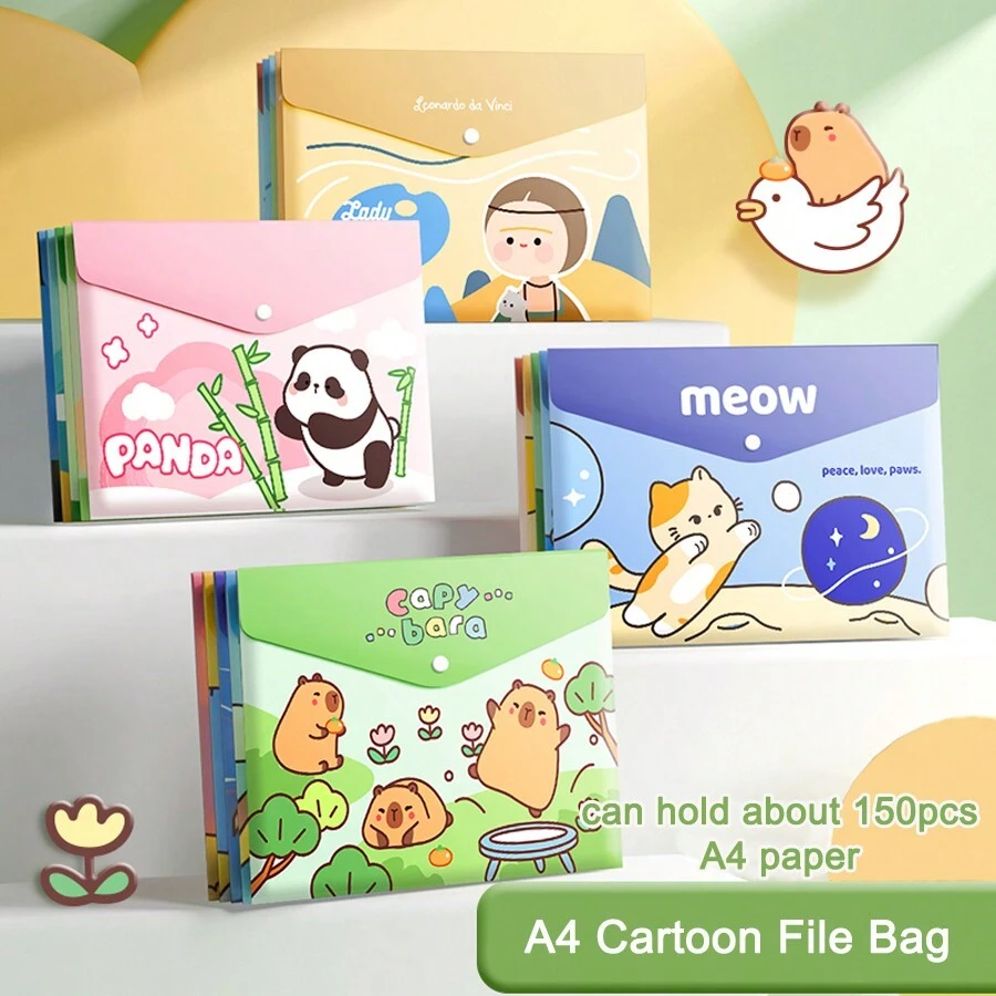 A4 Document Bag, Large Capacity, Button Closure File Pouch, Cute Cartoon Multifunctional Folder Storage Bag - Multicolor - View 1