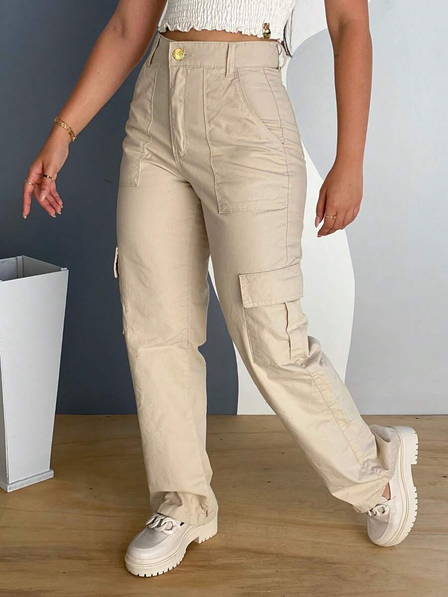 Calça Cargo feminina Jeans com bolsos cintura alta modelo wide leg tendencia - Branco - Visão 1