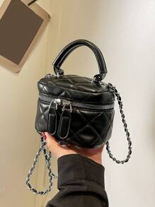 1pc Spring Summer Mini PU Leather Crossbody Bag With Diamond Pattern And Chain, Suitable For Girls Use, Can Be Used As Coin Bag - Black - View 6