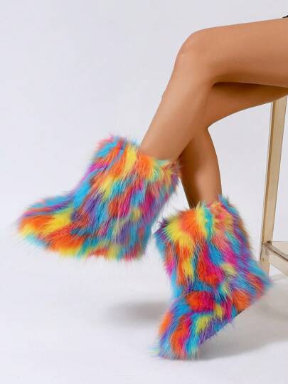 Women's Colorful Faux Fur Snow Boots, Fashionable Thick Warm Striped Fuzzy Mid-Calf Boots